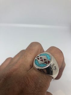 Cool Vintage Rock and Roll star men's ring Genuine stone Southwestern inlay Nice heavy ring, Silver white bronze Does not tarnish Unused stock from the 1980's I have an assortment of sizes from 7, 8-14 We have some half sizes. My jeweler can custom resize for $10-$20 fee Please add your size to the order in a message and I will send the size you require. If I am out of stock in your size, I will list the ones I have available for replacement. If I am sold out in the sizes you would prefer, I wil Southwestern Style Rings With Inlay, Southwestern Round Rings With Inlay, Southwestern Style Polished Turquoise Ring, Southwestern Polished Turquoise Ring, Southwestern Style Polished Ring Jewelry, Silver Turquoise Ring With Inlay, Southwestern Inlay Jewelry For Anniversary, Southwestern Style Inlay Jewelry For Anniversary, Artisan Silver Turquoise Ring With Inlay