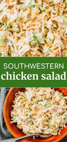 southwest chicken salad in an orange bowl with text overlay