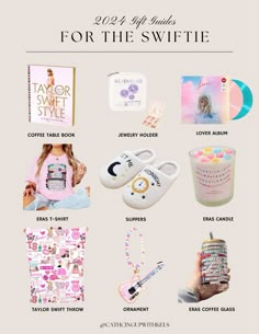 the gift guide for the swiffie is shown in pink and white with text that reads