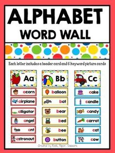 an alphabet word wall with colorful polka dot dots on the bottom, and below it is a