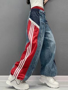 Loose Wide Leg Contrast Color Drawstring Elasticity Fringed Split-Join - rrdeye Two Color Jeans, Trendy Red Patchwork Bottoms, Colorful Pants Outfit, Big Pant, Jean Pants, Upcycled Fashion, Mens Pants Fashion, Colored Pants, Daily Dress