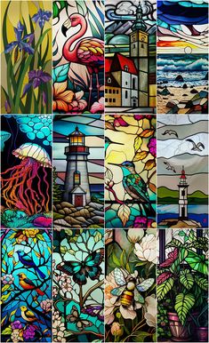 a series of stained glass panels depicting different scenes from the sea and lighthouses in various colors