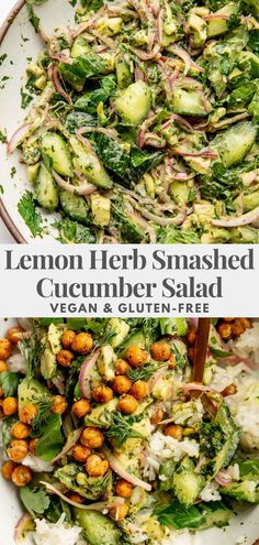 two plates filled with different types of food and the words, lemon herb smashed cucumber salad vegan & gluten - free