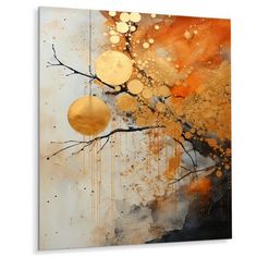 an abstract painting with gold circles and black spots on it's surface, hanging on a wall