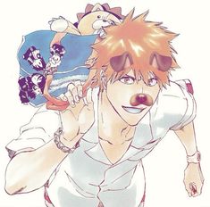 an anime character is holding his head in one hand and looking at the camera, with other characters behind him