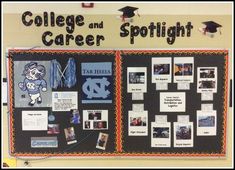 a bulletin board with pictures and other items on it that says college and career spotlight