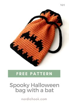 an orange and black crocheted bag with the text free pattern spooky halloween bag with a bat