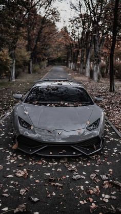 a grey sports car parked on the side of a road with leaves all over it