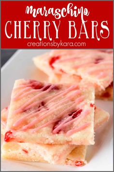 strawberry marshmallow cherry bars on a white plate with the title text overlay