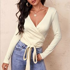 Shein Surplice Neck Wrap Belted Textured Top Never Worn Casual Beige Wrap Top, Fitted Wrap Beige Top, Fitted Beige Wrap Top, Beige Wrap Top For Day Out, Beige Fitted Wrap Top, Beige Wrap Top For Spring, Cream Wrap Top For Spring, Spring Cream Wrap Top, Shein Wishlist