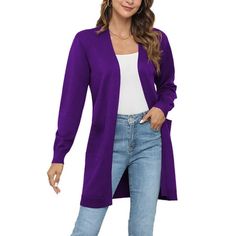 The UVPLOVE Women's Open Front Casual Long Sleeve Soft Knit Classic Cardigan Sweaters with Pockets is a V-neck, open front cardigan with long sleeves and a classic solid colour knit. This versatile, well-made cardigan features a ribbed hem and sleeves, a midi length, and is crafted from light stretch fabric for comfort in transition weather. It is suitable for all seasons and flatters the body. The front pockets are big and the fabric is high-quality and soft. It makes a great gift for various o Purple Cardigan, Cardigan Sweaters, Cardigan Sweater Coat, Classic Cardigan, Kimono Cardigan, Open Front Cardigan, Knit Sweater Cardigan, Long Sleeve Cardigan, Cardigans For Women