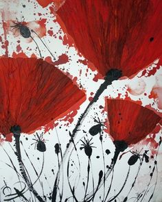 an abstract painting of red poppies on white and black paint splattered paper