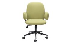 a green office chair with wheels and casteors on an isolated white background, front view