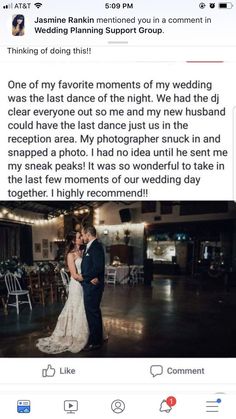 the bride and groom are sharing their first dance at their wedding reception, which was shared on social media