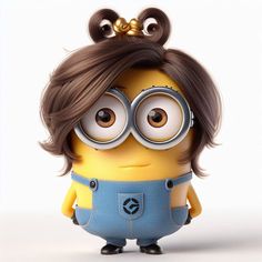 a minion with long hair and glasses on it's head, standing in front of a white background