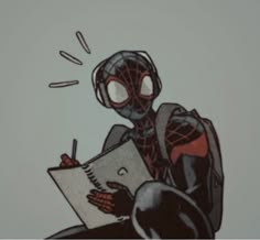 a drawing of a spider - man sitting on top of a chair holding a pen