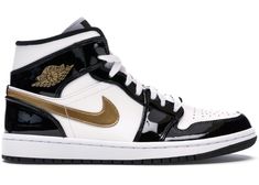 Buy and sell authentic Jordan shoes on StockX including the Jordan 1 Mid Patent Black White Gold and thousands of other sneakers with price data and release dates. Aj1 Mid, Jordan 1 Mid White, Jordan 1 Black, Jordan Retro 1, Gold Outfit, Nike Gold, Air Jordan Retro, Nike Sb Dunk, Gold Shoes