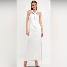 Size M. New. Chic White Halter Dress For Formal Occasions, Chic White Satin Halter Dress, White Chic Satin Maxi Dress, White Satin Chic Maxi Dress, Chic White Satin Maxi Dress, Spring White Satin Maxi Dress, White Satin Maxi Dress For Spring, White Halter Neck Cocktail Maxi Dress, White Satin Maxi Dress For Cocktail