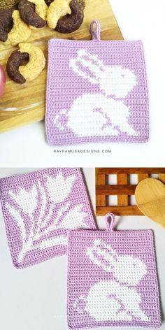 crocheted placemats with bunny ears and flowers on them are shown in three different views