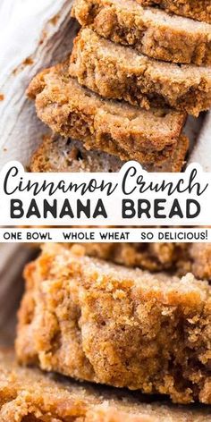 cinnamon crunch banana bread cut in half and stacked on top of each other with text overlay