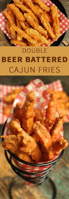 two pictures with different types of food in them and the words double beer battered cajun fries