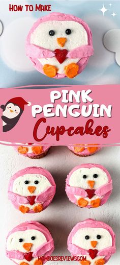 pink penguin cupcakes with white frosting on top