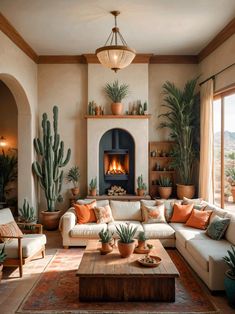 a living room filled with furniture and potted plants