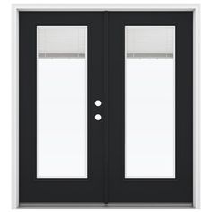 a black double door with blinds on the top and side panels, in front of a white background