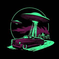 an old car driving down the road in front of a large alien mushroom like object