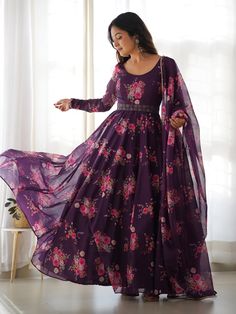 Readymade Anarkali Gown With Dupatta & Belt Processing Time : 7 Business Days Work : Digital Printed Fabric:Top : Pure Organza Silk Bottom : N/A Dupatta : Pure Organza Silk Color:Top : Wine Bottom : N/A Dupatta : Wine Organza Dress Indian, Organza Dress Indian Kurti, Kurta With Dupatta, Organza Gown, Silk Anarkali, Gown With Dupatta, Indian Kurti, Organza Gowns, Long Kurta