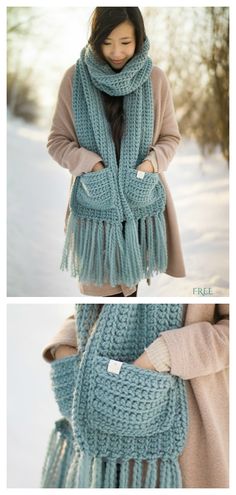 two pictures of a woman in the snow wearing a scarf and holding a bag with fringes