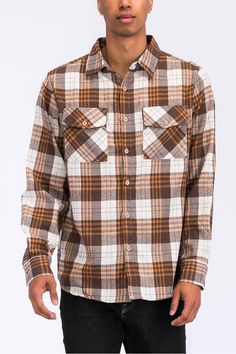 Model is 5'11 wearing size Large. 60% Cotton, 40% Polyester Chest Pockets Button Closure Button Cuff Cotton Flannel Shirt With Snap Buttons For Fall, Brown Long Sleeve Flannel Shirt With Button Closure, Cotton Flannel Shirt With Button Closure For Fall, Brown Flannel Shirt With Button Closure, Brown Button Closure Flannel Shirt, Fall Flannel Button-up Shirt With Button Cuffs, Fall Button-up Flannel Shirt With Button Cuffs, Brown Flannel Shirt With Button Closure For Winter, Brown Winter Flannel Shirt With Button Closure