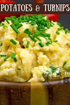 potatoes and turnips in a wooden bowl with green onions sprinkled on top