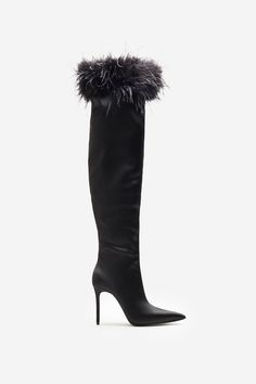 Meet Soho. the statement heel of this party season. Wrapped in luxurious black satin. these over the knee boots display an extravagant feather trim and sleek pointed toe. Finished with ultra-soft padded soles that will last you from dusk until dawn. Soho makes for the perfect party-ready shoe. Features - Premium satin - Feather trim detail - Pointed toe - Side zip fastening - Stiletto heel - Boot height: 54cm- Heel height: 3.9in/10cm Product Information Designed exclusively by Club L London Prem Club L London, Platform Heels Boots, Wedding Shoes Bride, Until Dawn, Gladiator Heels, Black Tie Gala, Heel Boot, Feather Trim, Party Dress Long Sleeve