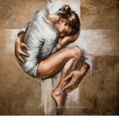 a painting of a person hugging another person