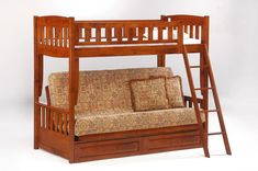 a wooden bunk bed with a futon and pull out futon sofa underneath it