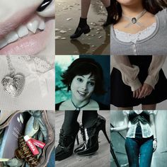 a collage of photos showing different types of clothes and accessories, including shoes, necklaces, lipstick, mouth rings, lips, and more