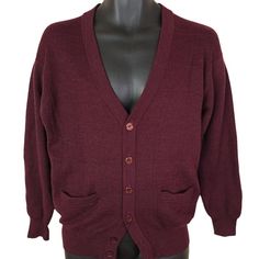 Fenghuang Cardigan Sweater Vintage Wool Maroon Mens Size Medium Condition: pre-owned Measurements: Collar to hem: 25 inches Shoulder seam to shoulder seam: 18.5 inches Shoulder seam to cuff: 20.25 inches Underarm to underarm: 21 inches International Buyers - Please Note: Import duties, taxes, and charges are not included in the item price or shipping cost. These charges are the buyer's responsibility. Please check with your country's customs office to determine what these additional costs will be prior to buying. Vintage Fall Sweater With Pockets, Vintage Sweater With Pockets For Fall, Formal Winter Cardigan With Pockets, Vintage V-neck Cardigan For Layering, Vintage Wool Cardigan With Pockets, Vintage Style Long Sleeve Cardigan For Layering, Vintage Long Sleeve Cardigan For Layering, Vintage Long Sleeve Formal Cardigan, Sweater Vintage