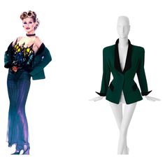 Amazing rare Thierry Mugler blazer FW1992 Collection. Worn on the runway by lovely Karen Mulder. Beautiful green wool jacket with deep V-neck. Black velvet collar, pockets and cuffs. Typical mugleresque feminine shape with shoulderpads and fitted waist. Dramatic deep collar and pointy cuffs. Closes with snap buttons on the front. Little flaws on the inside lining arms, please see last picture- not visible when worn of course and only mentioned ror accuracy only. Made in France Material: Wool no Mugler Blazer, Blazer Verde, Karen Mulder, Velvet Collar, Thierry Mugler, Vintage Blazer, Green Wool, Crafty Things, Wool Jacket