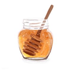 a jar filled with honey and a wooden stick sticking out of it's top