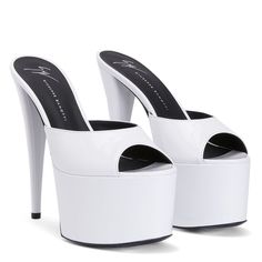 GZ AIDA Elegant White Mules With 4-inch Heel, White Patent Leather Heels With 4-inch Heel, Elegant Open Heel Platform Slippers, Elegant Platform Slippers With Open Heel, Modern White Sandals With 4-inch Heel, Summer Evening Open Toe Heels With Rubber Heel Cap, Elegant Round Toe Platform Slippers, Luxury Synthetic Heels With Sculpted Heel, Modern High Heel Platform Slippers