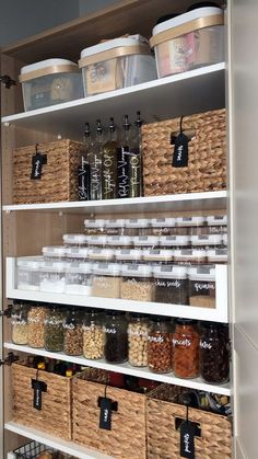 an organized pantry with baskets and food items