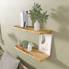 two wooden shelves with plants and pictures on them