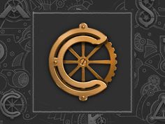 an image of a clock with gears in the center on a black and gold background