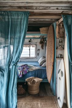 65 Surfer Van Bedroom Inspirations - TastyInteriors Bedroom Blue Curtains, Van Bedroom, Surfer Van, Yurt Living, Surfboard Rack, Bedroom Blue, Blue Curtains, Van Design, Budget Bathroom