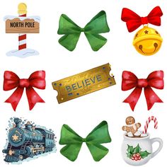 various christmas bows and signs on a white background