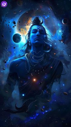 the avatar of lord rama in space surrounded by planets and stars, with his eyes closed