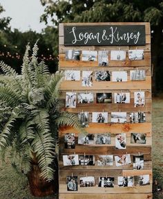 a wooden sign that has photos on it