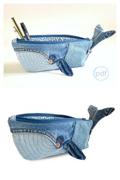 two images of a pencil case made out of jeans