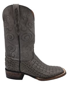 Find the luxury you deserve with the all-new Black Jack Caiman Dark Grey Boot. Featuring a square toe, caiman belly upper, and curly embroidered shaft detail, this top of the line cowboy boot is made to turn heads with its sophisticated black and grey hues. Dare to make a statement and experience the first-class craftsmanship of the leather sole! Shaft: 13" Sole: Leather Toe: Square Black Jack Boots, Fort Worth Stockyards, Facebook Black, Black Jack, Grey Boots, Cowboy Boot, Jack Black, Western Outfits, Western Wear